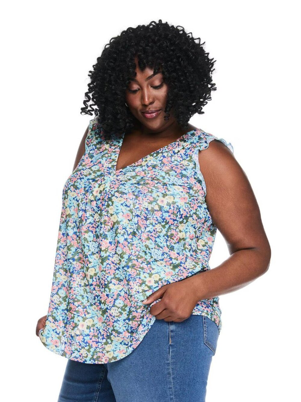 NWT Lane Bryant Plus 1X Teal Floral Knit V-Neck Ruffle Sleeve Top